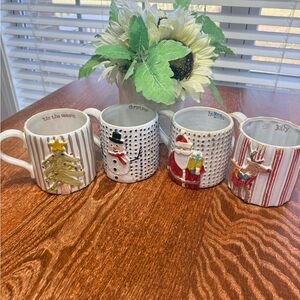 Mud Pie Holiday Ceramic Mug Set - White with Red, Green, Gold Accents